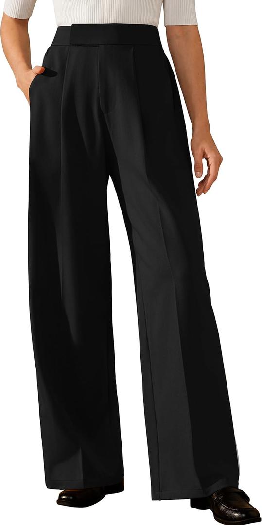 Arach&Cloz Women's Wrinkle-Free Pleated High Waisted Business Casual Wide Leg Dress Pants 2026 (Black, Small)