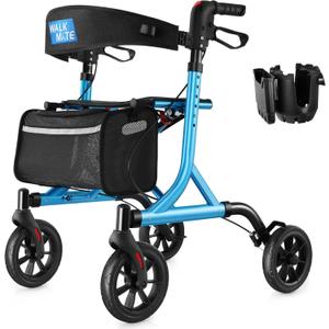 Rollator Walker for Seniors with Cup Holder, Upgraded Thumb Press Button for Height Adjustment, 4 x 8 Wheels Walker with Seat Padded Backrest Folding Lightweight Walking Aid, Blue