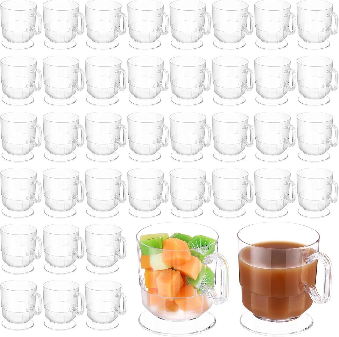 Dandat 50 Pcs Hard Plastic Coffee Cup Tea Party Cup with Handle 8 oz Disposable Coffee Mug Bulk Reusable Espresso Mug for Tea Party School DIY Craft Birthday Dessert(Clear)
