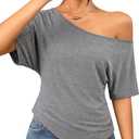 LilyCoco Womens Off The Shoulder Tops Asymmetrical T Shirts Grey X-Large