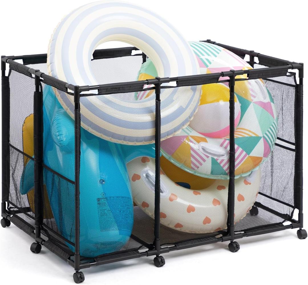 ALIMORDEN Extra Large Pool Storage Bin, Rolling Mesh Basket Organizer, Metal Frame Container Holder for Swimming Balls, Floats, Toys and Beach Towels, Black