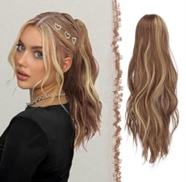 FESHFEN Ponytail Extensions, Long Claw Clip in Ponytail Hairpiece Synthetic Pony Tails Hair Piece Natural Wavy Hairpieces for Women, 20 inch Brown & Blonde 