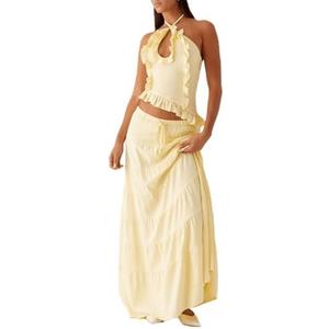 Womens 2 Piece Maxi Skirt Set Y2k Halter Ruched Cami Top Tiered Flowy Ruffle Skirt 2025 Summer Beach Outfits
