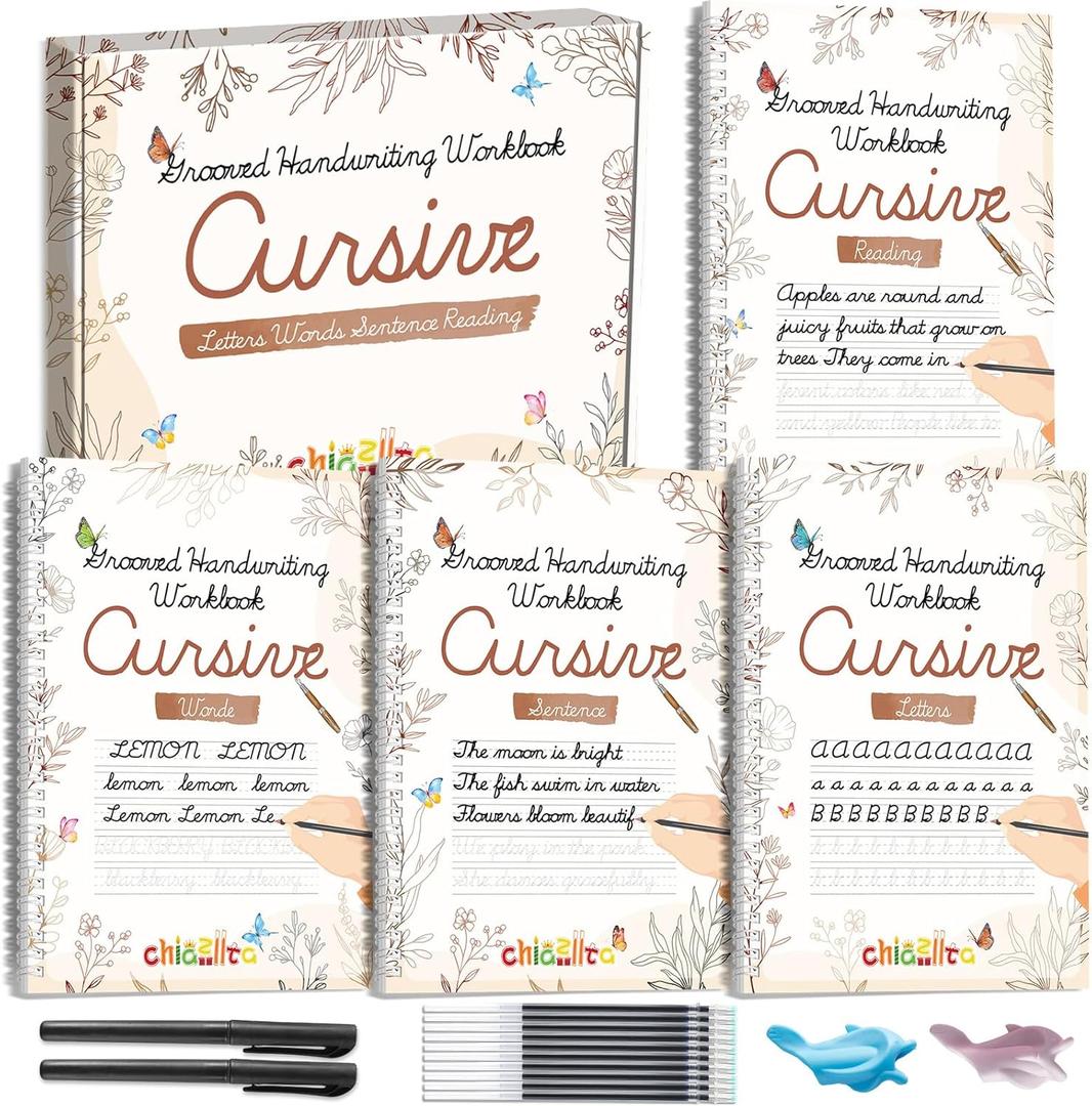 chiazllta 4 Pack Grooved Cursive Handwriting Practice Kit with Disappearing Ink Pens Magic Reusable Grooved Cursive Writing Workbooks Copybook for Beginners （Words&Sentence&Reading&Letters