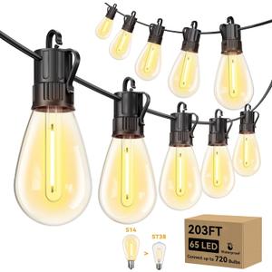 Minetom 203FT Outdoor String LED Patio Lights Waterproof,65 Shatterproof S14 Vintage Edison Bulbs,Commercial Grade Outside Hanging Lights Waterproof for Porch Deck Garden Backyard Balcony Cafe Bistro