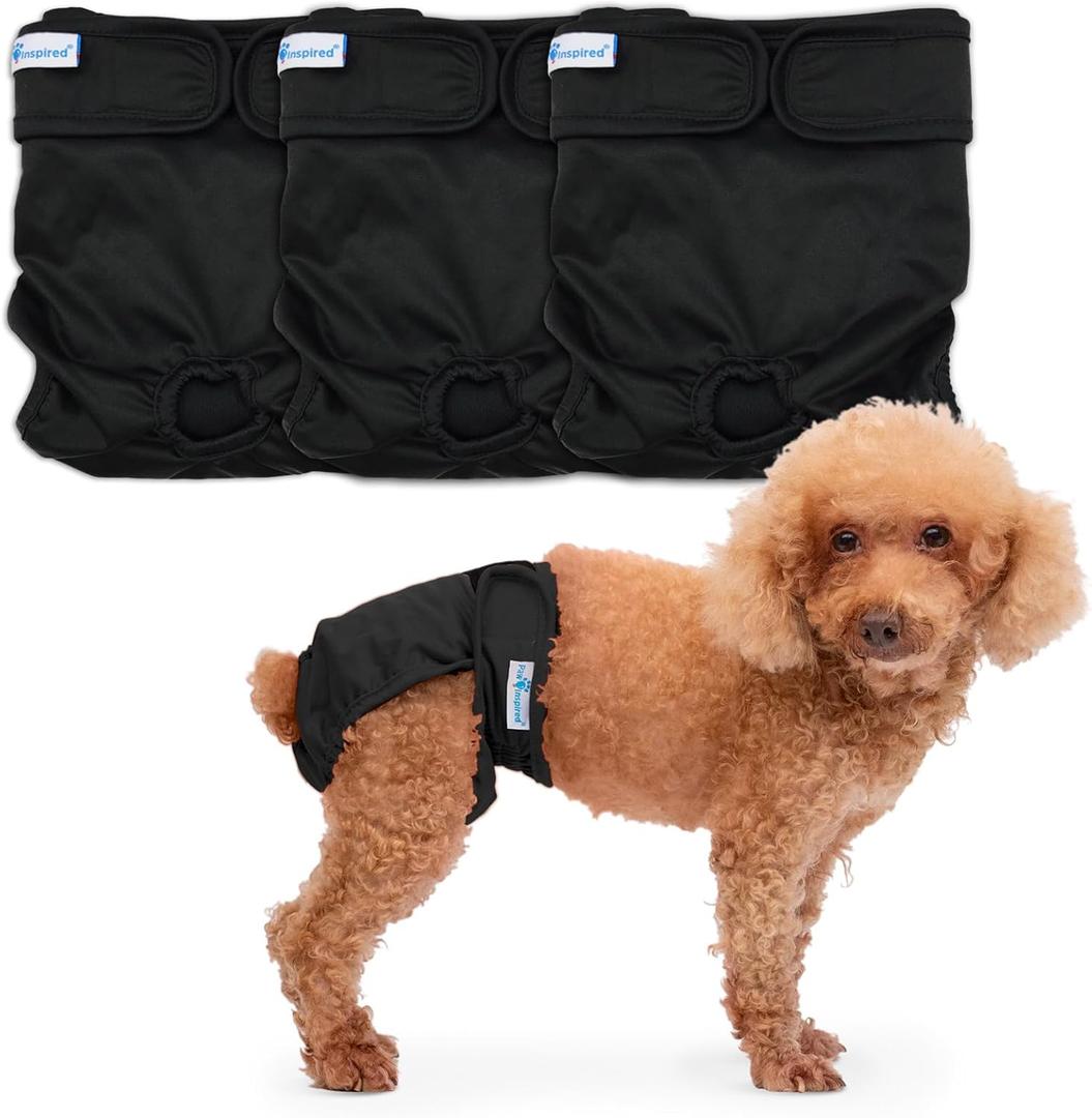 Paw Inspired Washable Dog Diapers (3 Pack) | Reusable Cloth Doggy Diapers for Female Small, Medium, Large Size Dogs (Black with Black Lining, Size Small)