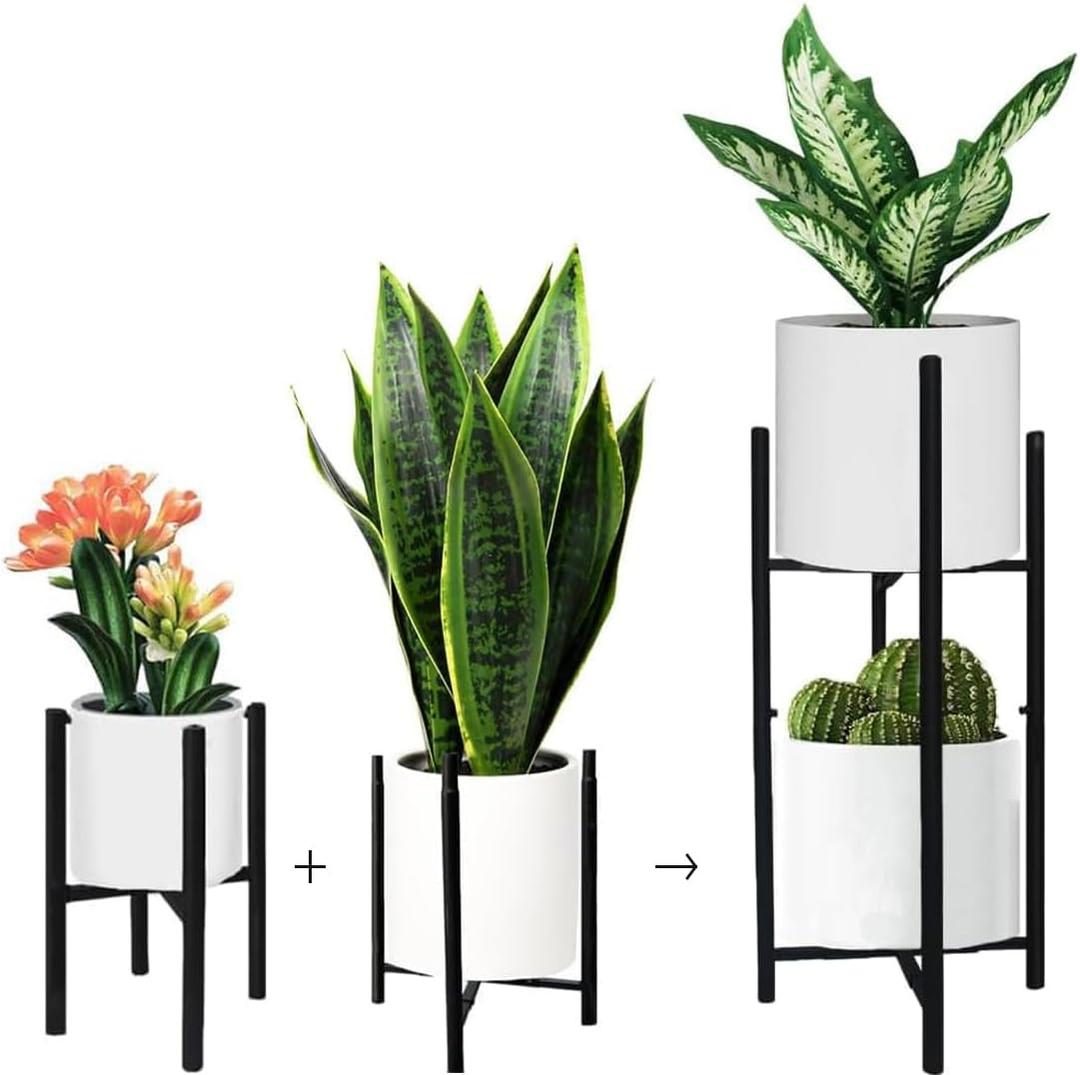 Plant Stand 2 Tier for Indoor Outdoor, Adjustable Metal Plant Holder, Heavy Duty Potted Flower Holder, Plant Pot Shelf, Fits 8-12 Inches Pot, Display Racks for Home