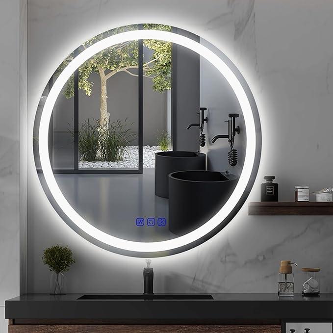 24" LED Round Bathroom Mirror – Front & Backlit Lighted Vanity Mirror, Wall-Mounted with Smart Memory Touch, Stepless Dimming, Anti-Fog, Shatterproof Design