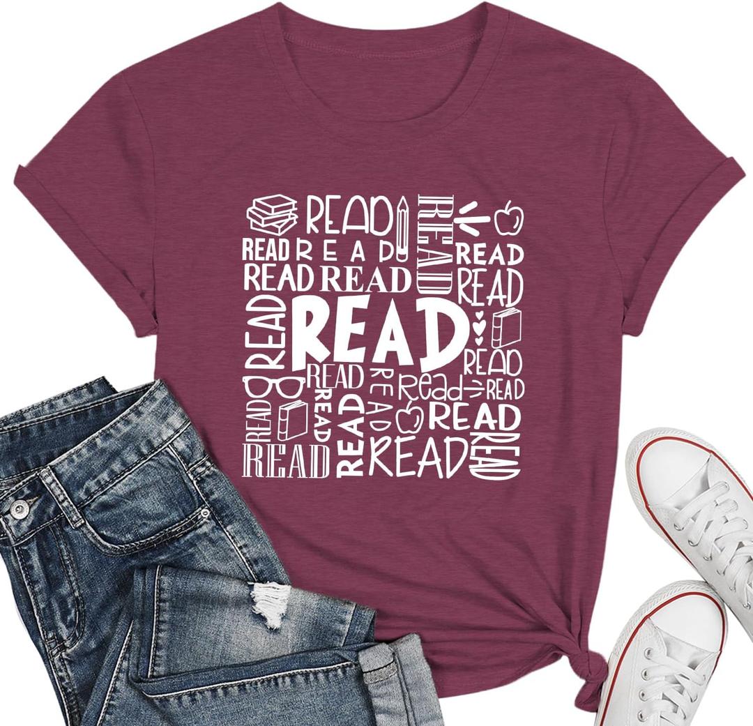 Reading Teacher Shirt Women-Cute Read More Books Short Sleeve Library Book Lovers Daisy Tee Tops (Red, L)