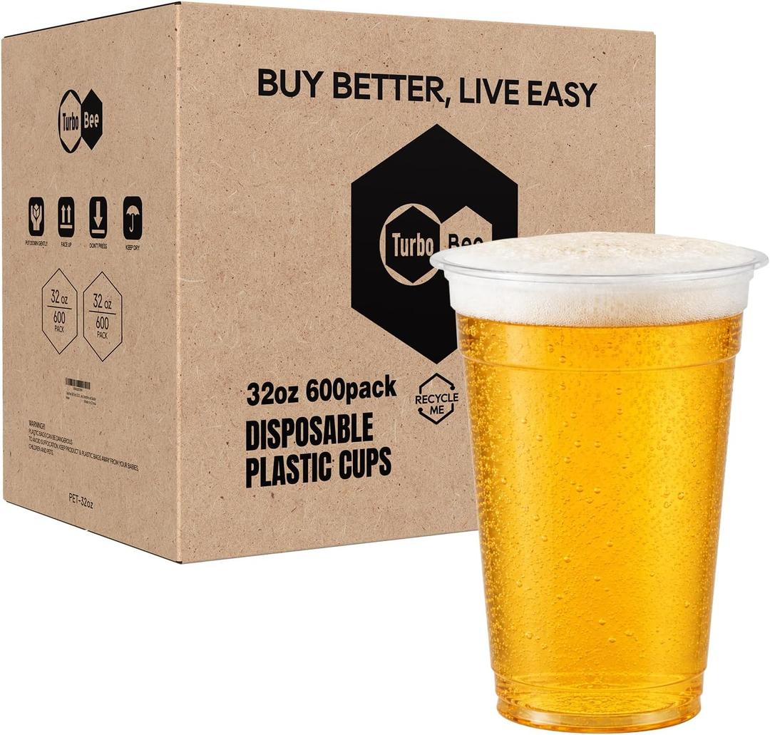 Turbo Bee Disposable Clear Plastic Cups, 32 OZ, 600 Sets (No Lids), 600 pack