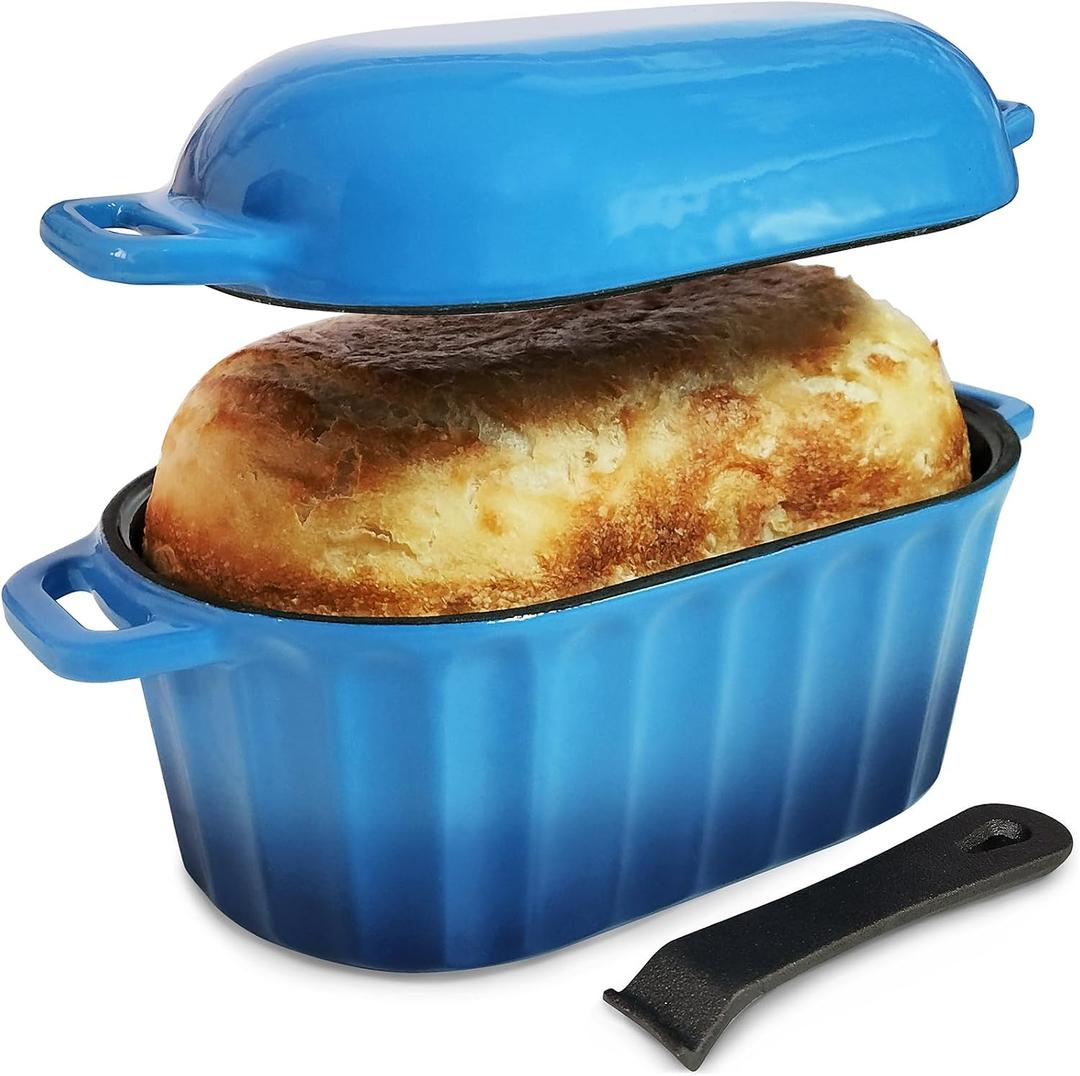Dutch Oven Enameled Cast Iron Bread Pan with Lid Sourdough Loaf Pans for Baking Bread Large Heavy Oval Bread Dutch Oven with Movable Handle 4 Qt Blue Dishwasher Safe