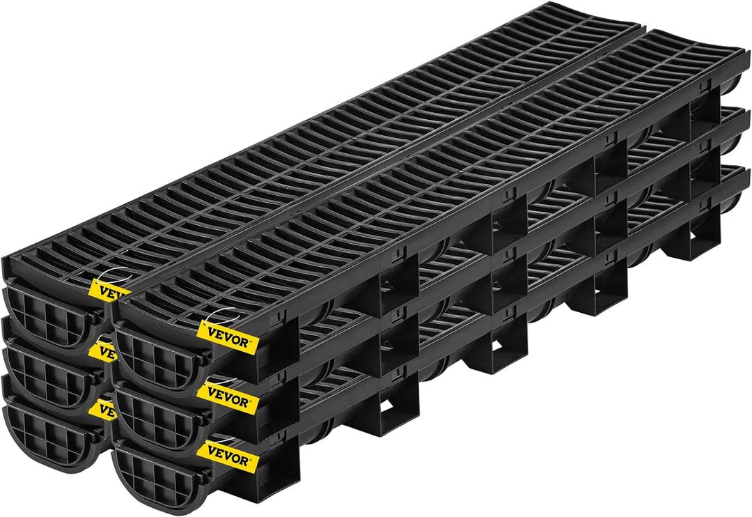 VEVOR Trench Drain System, Channel Drain with Plastic Grate, 5.7x3.1-Inch HDPE Drainage Trench, Black Plastic Garage Floor Drain, 6x39 Trench Drain Grate, with 6 End Caps, for Garden, Driveway-6 Pack