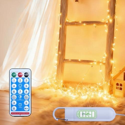 Fairy Lights Battery Operated - Rechargeable String Lights for Bedroom Dorm - LED Decorative Twinkle Light with Remote 8 Modes Hook - 32ft