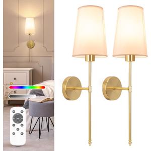 NIORSUN Gold Battery Operated Wall Sconce Set of 2,Rechargeable Wall Lights with 5200mAh Dimmable Detachable Bulbs and Remote,9 Colors Wireless Sconces for Bedroom Living Room Hallway