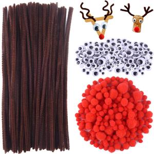 TUPARKA 650 Pcs Christmas Reindeer DIY Craft Set, Including 70 Pcs Brown Pipe Cleaners Chenille, 320 Pcs Googly Eyes, 260 Pcs Red Pom Poms Pompoms Red Noses for Craft