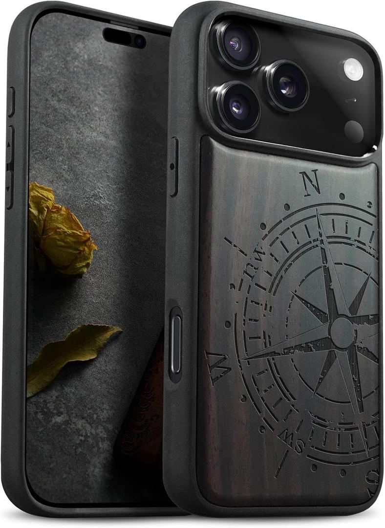 Carveit Magnetic Wooden Case for iPhone 17 Pro Case, Wood Artisan Engraved & Black Soft TPU Shockproof Cover, Compatible with MagSafe Wireless Chargers (The Incomplete Compass) Blackwood
