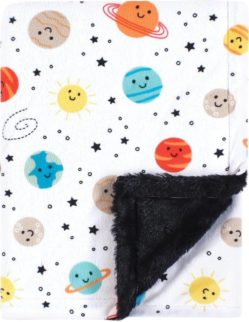 Hudson Baby Unisex Baby Plush Blanket with Furry Binding and Back, Happy Planets, One Size