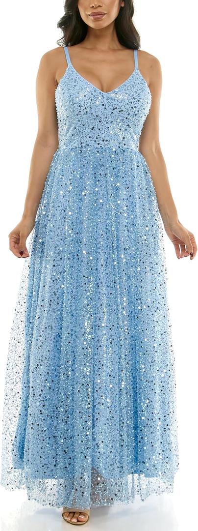 Women's Sleeveless Embellished V Neck Lace Back Tulle Gown (Blue), Size 9-10