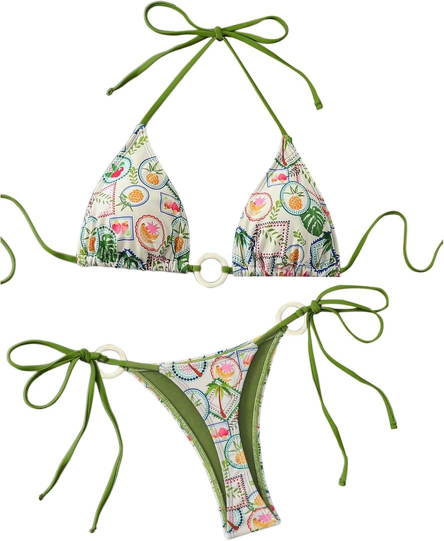 GORGLITTER Women's Strawberry Bikini Set 2 Piece Heart Ring Backless Triangle Bra High Waisted Thong Swimsuit 2025 (Green) S 