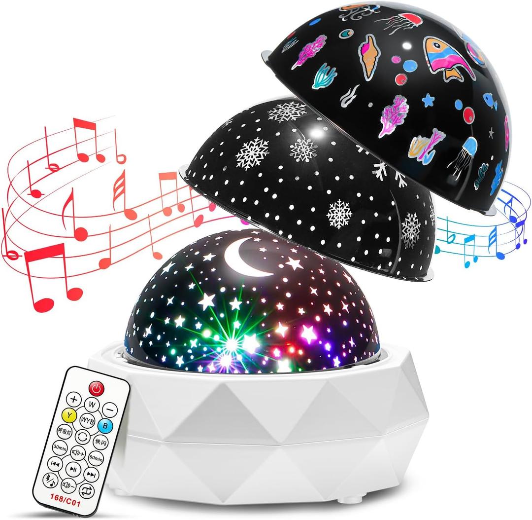 PIKOY Kids Night Light Projector+12 Lullabies, 8 Colors+3 Films+360 Night Light Projector for Kids Room, Remote+AUTO Timer Star Projector Stars for Ceiling Projector Lights for Bedroom & Babies Gifts
