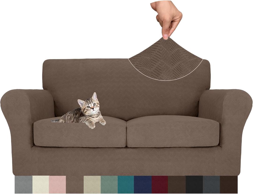 MAXIJIN 3 Piece Couch Covers for 2 Cushion Couch loveseat Cover, Stretch Love Seat Sofa Slipcovers for Dogs Pet, Thick Furniture Protector with 2 Seat Cushion (55"-69", Brown)