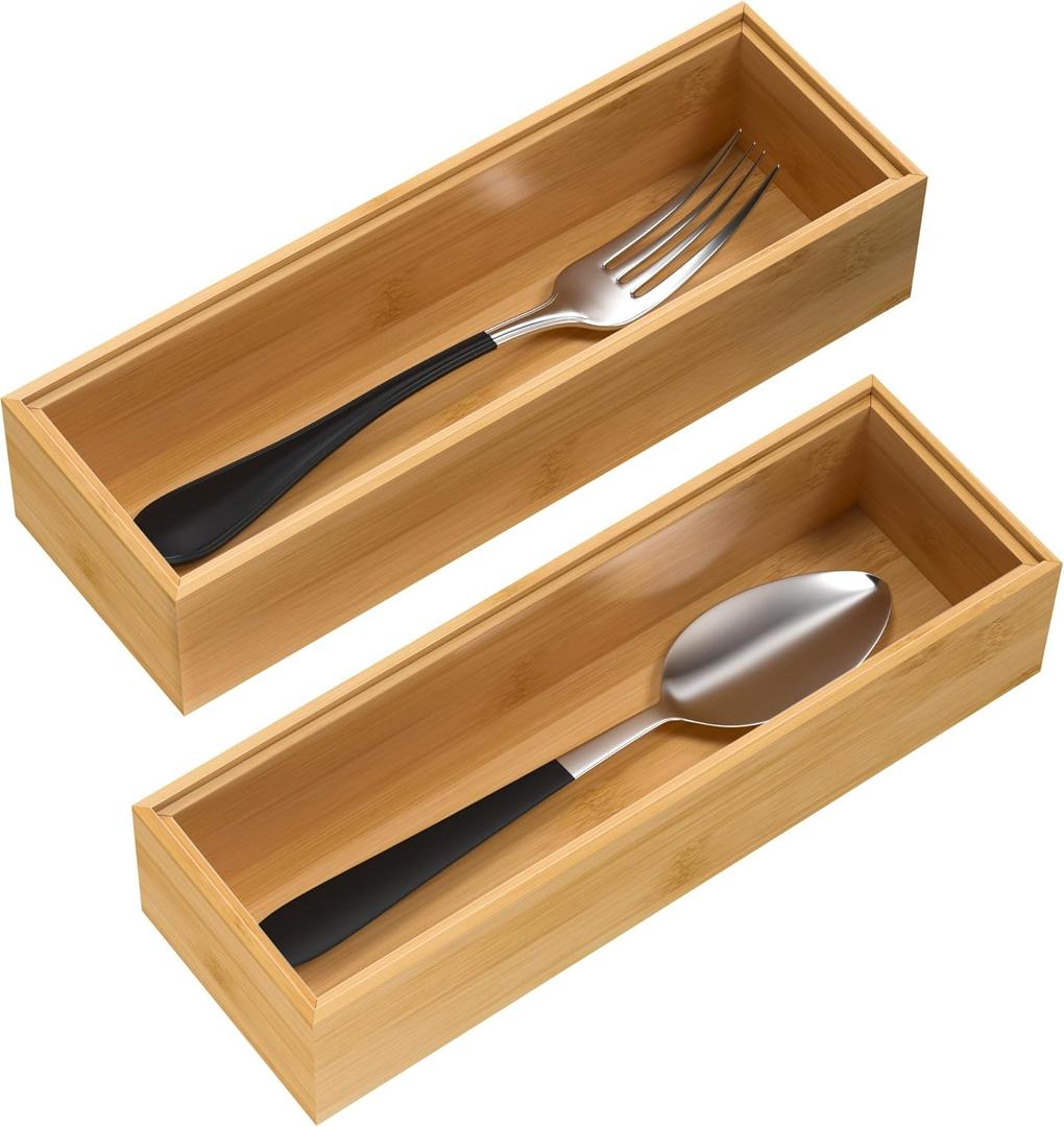 VeyFey Silverware Tray for Drawer, Stackable Kitchen Bamboo Drawer Organizer 9" x 3" x 2" Set of 2