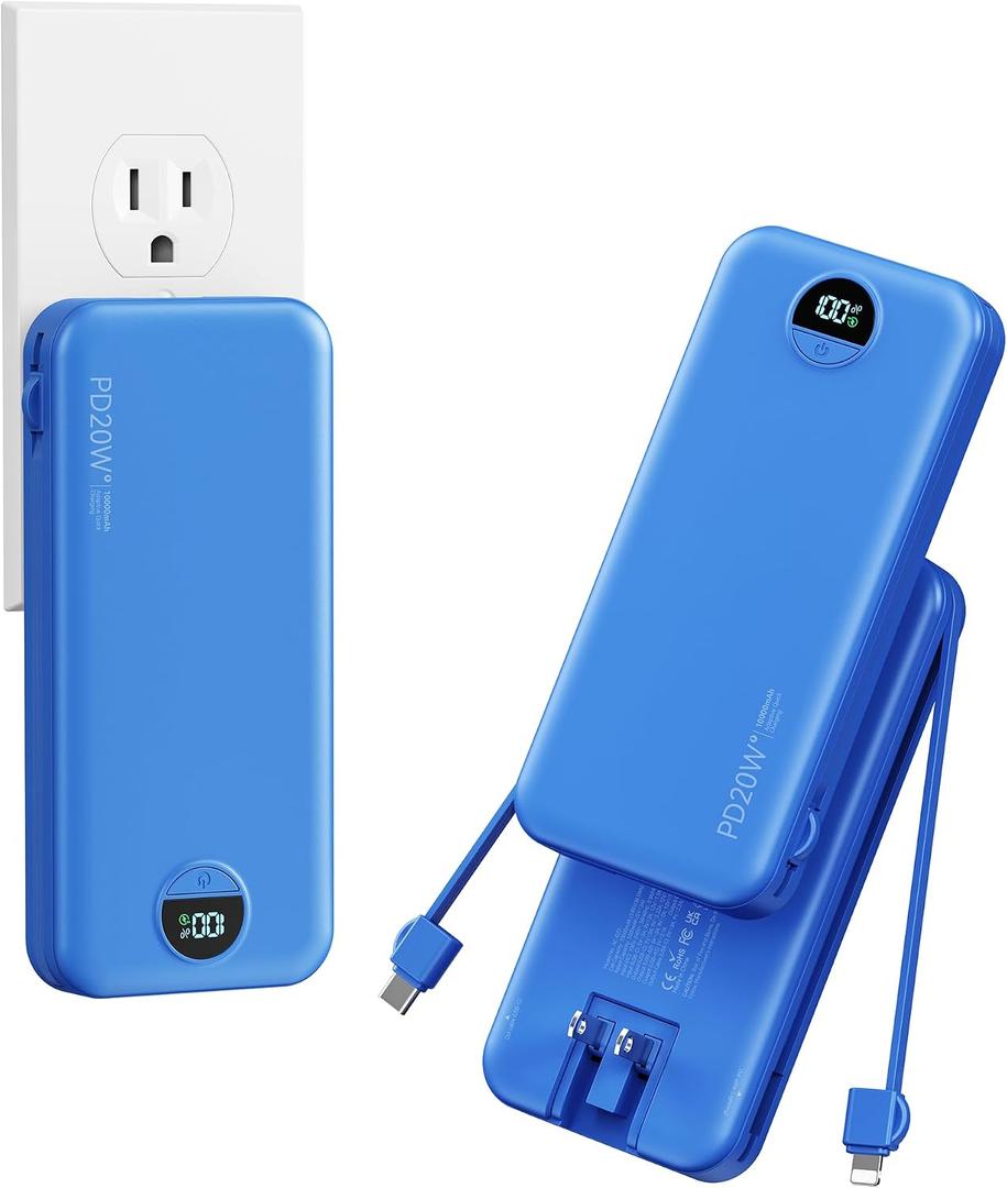 10000mAh Ultra-Portable-Charger-Power-Bank with Built in Cables&AC Wall Plug, PD20W USB-C Fast Charging Cell Phone Charger Battery Pack,LED Display Travel Battery Bank for All iPhone,Samsung,Android