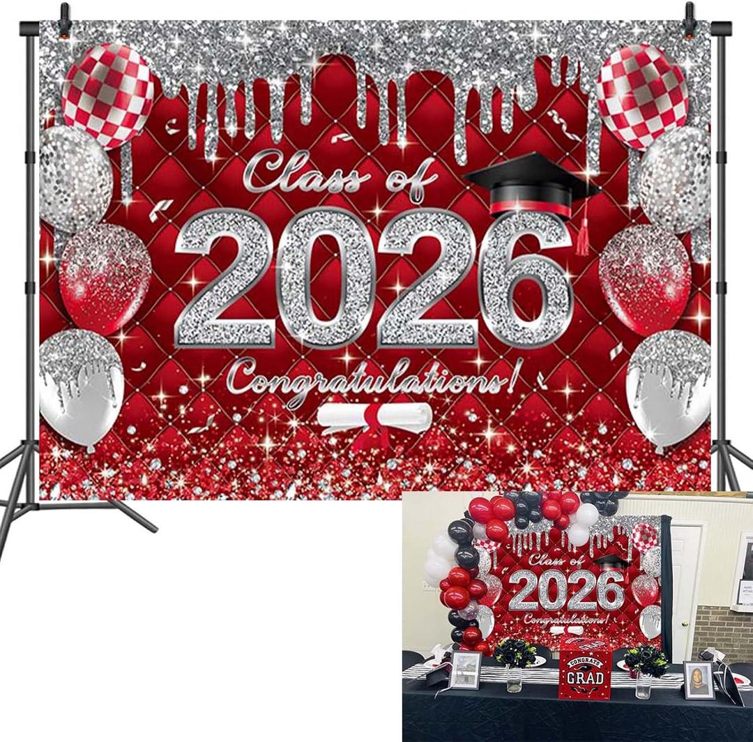 Red Graduation Backdrop Class of 2026 Photoshoot Background 2026 Congrats Grad Congratulations Party Decoration Banner Photo Props (red, 7x5FT(82 x 59 inch))