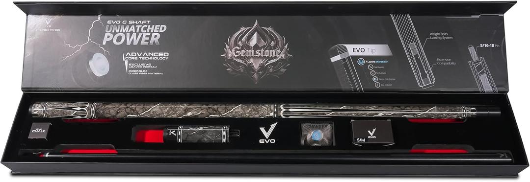 EVO Gemstone Combo Maxbing Edition - Glassfiber Pool Cue Stick, 5/16 * 18 Pin Joint and 12.5mm Tip, 4" Extension, Accessories: Time tip, Glove, and Chalk. (GEM3 - GREY)