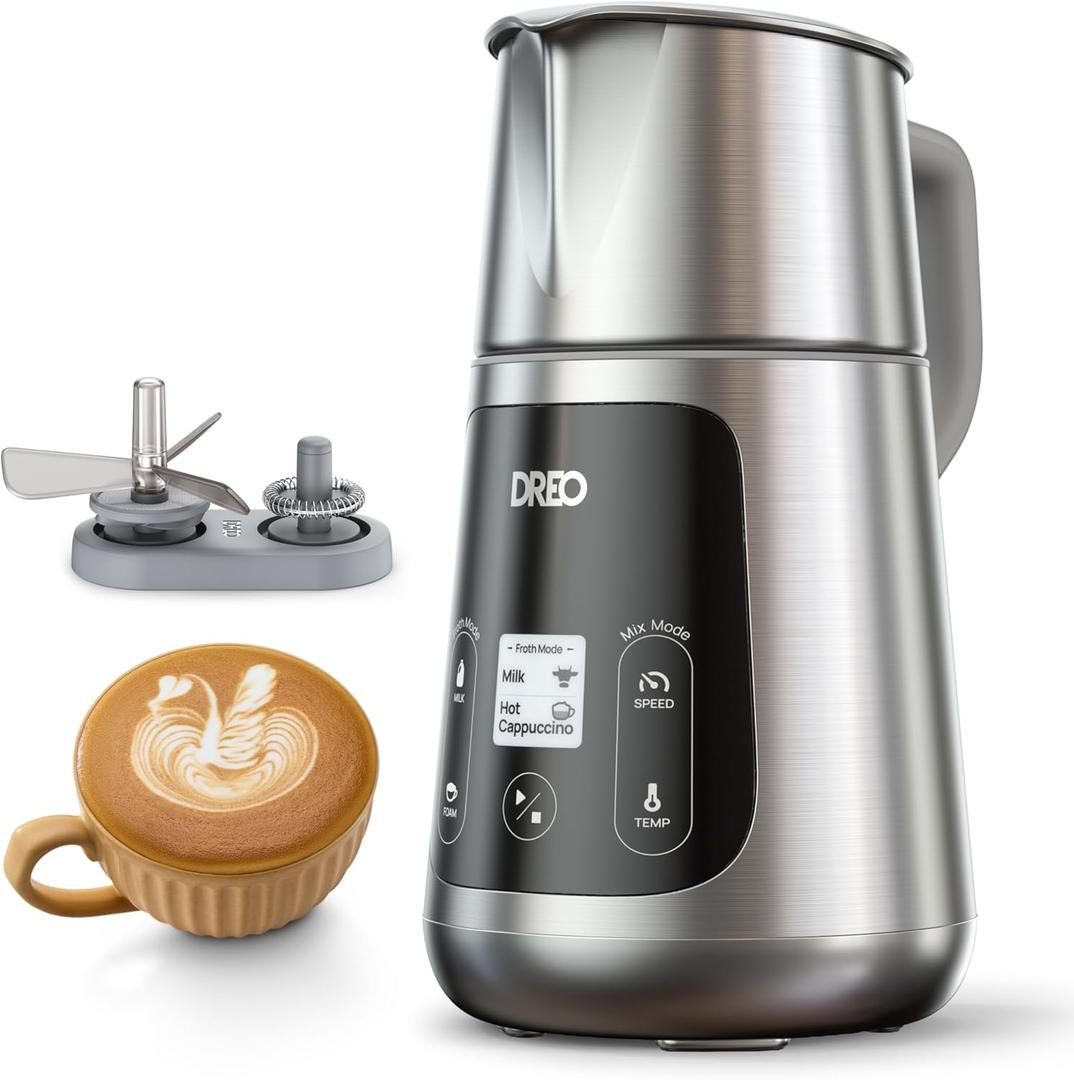 DREO Milk Frother [Upgraded], All-in-1 Electric Foam Maker for Coffee, 15oz/450ml Automatic Foam Frother for Latte Art-level Microfoam, 30+ Drinks, Easy to Clean, Dishwasher Safe, LED display (Sliver Grey)