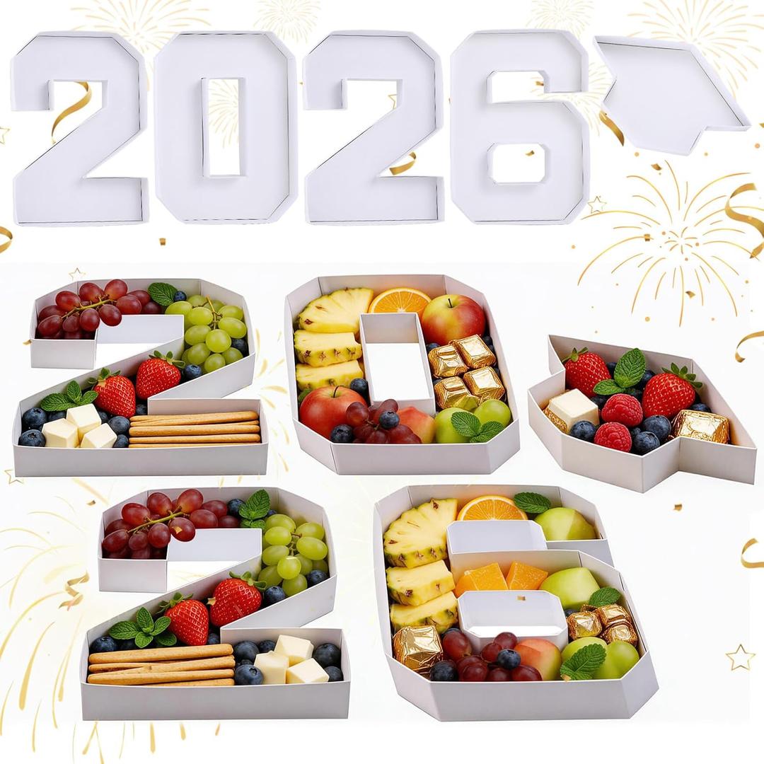 2026 Graduation Decorations - 4 Pcs 2026 Cap Charcuterie Fillable Numbers Charcuterie Board Box Serving Trays Graduation Centerpieces for Tables Grad Party Decorations Supplies(White,Cap and 2026)