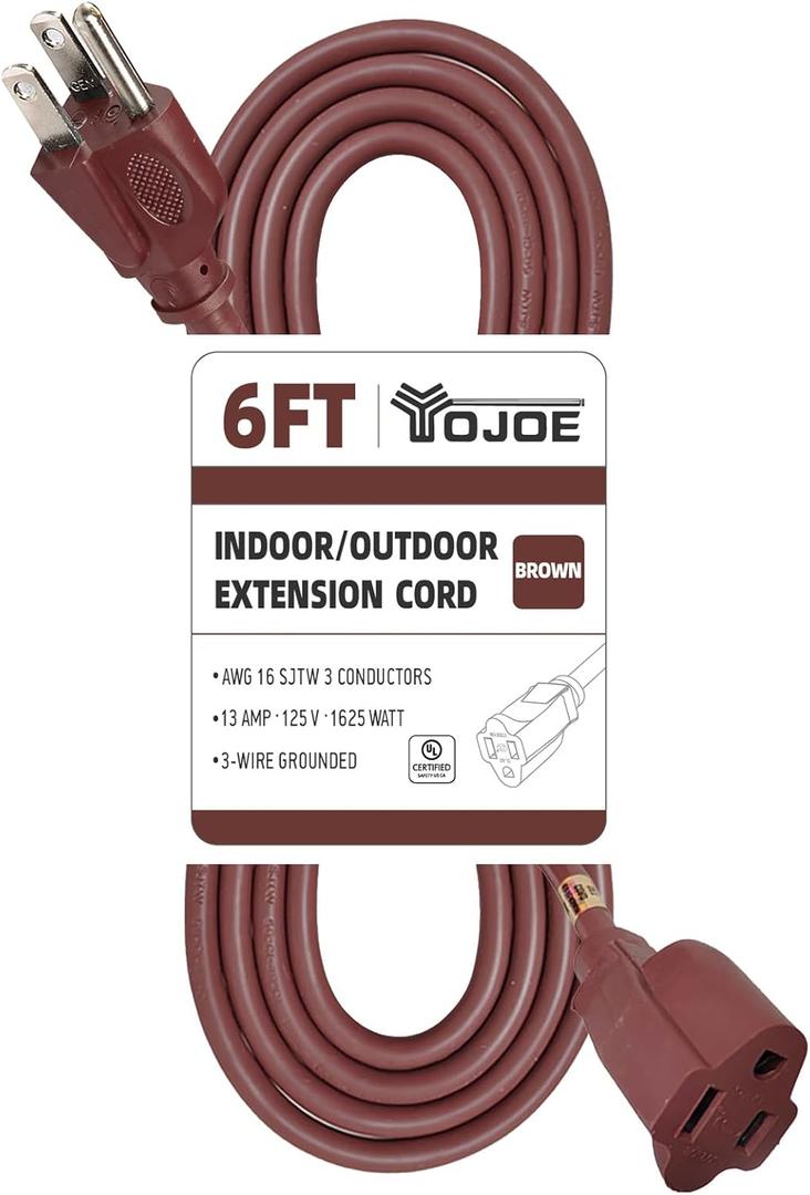 YOJOE Indoor Outdoor Extension Cord, 3 Prong 13A Weatherproof Power Cord, 16 Gauge Heavy Duty 6 ft Brown Extension Cord for Garage, Garden and Home, 16/3 SJTW UL Listed