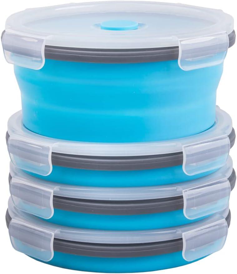 Collapsible Food Storage Containers Round with Airtight Lid, 27 oz, Kitchen Stacking Silicone Collapsible Meal Prep Container Set for Leftover, Microwave Freezer Dishwasher Safe, Blue, Set of 4
