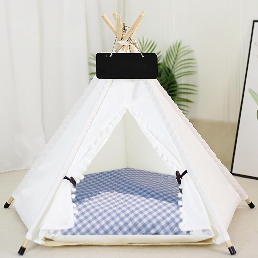 Cat Teepee Tent Bed,Outdoor Indoor Dog House Portable Washable Pet Tent for Small Dogs with Cushion Inside Pet Teepee for Small Medium Animals (Blue&White, M)