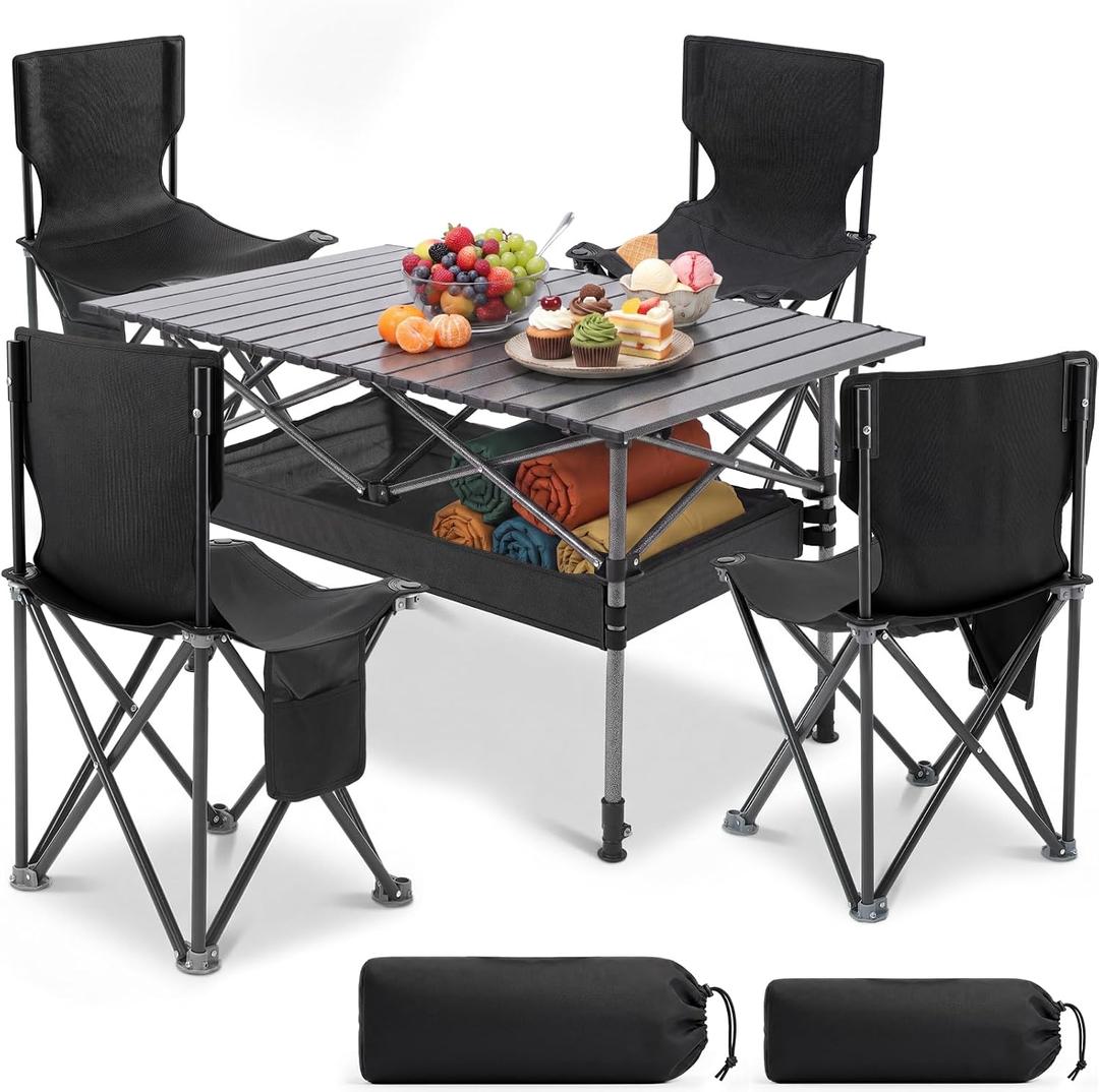 Black 5 Pcs Folding Camping Table and Chairs Set Portable Aluminum Lightweight Camp Table with Mesh Bag 4 Oxford Cloth Folding Chairs for Outdoor Camping Backyard BBQ Picnic, 37.4 x 21.65 x 19.69 inches