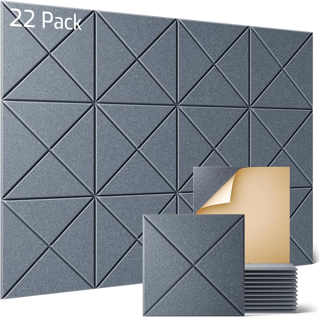 Sonicism 22 Pack X-Lined Acoustic Panels with Self-Adhesive, 12"X 12"X 0.4" Sound Proof Foam Panels, Decorative Soundproof Wall Panels, Sound Absorbing Tile for Home & Offices