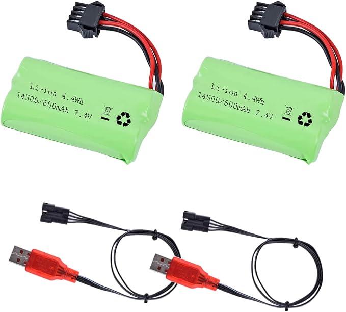 7.4V Li-ion Battery 600mAh 2S Rechargeable with SM-4P Plug and USB Battery Charger Fit for Most Water Ball Blaster RC Car Trucks Battery 2PACK