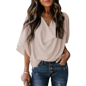 yoeasy Women's Loose Draped Cowl Neck Short Sleeve Chiffon Blouse Solid Casual Elegant Top (Brown, XXL)