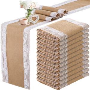 Tatuo 12 Pcs Lace Burlap Table Runner 12'' x 72'' Rustic Jute Hessian Farmhouse Country Vintage Romantic Fabric Cloth for Wedding Birthday Thanksgiving Party(Elegant)