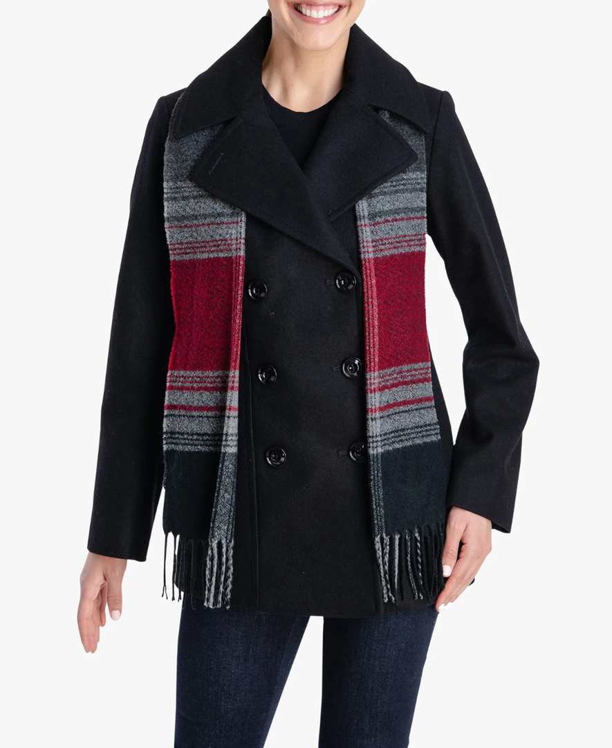 London Fog DOUBLE BREASTED PEACOAT WITH SCARF, Small