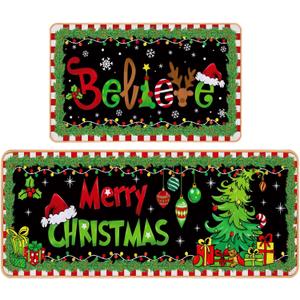 Decorative Kitchen Mat Set, Christmas Holiday Theme, Low Profile Floor Carpet for Home, Party, Autumn Decor, 2 Piece (Christmas)