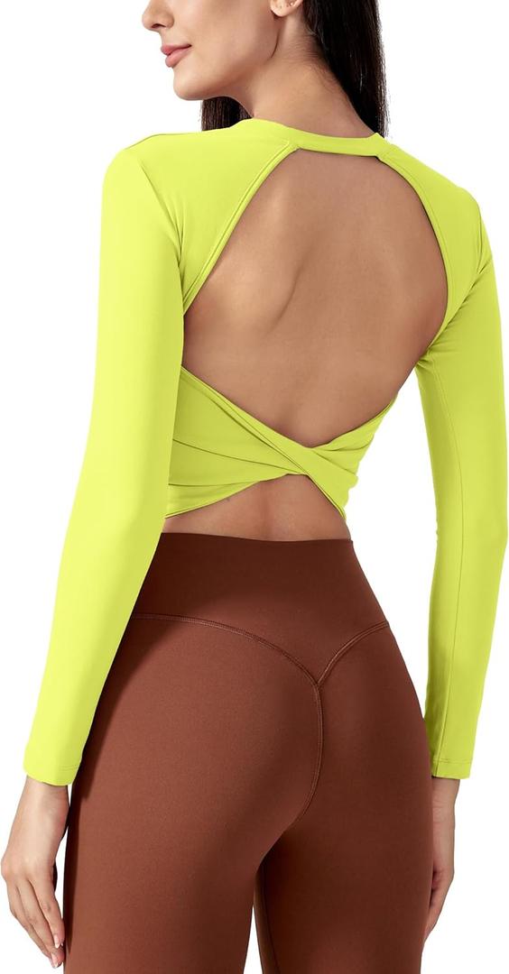 ABOCIW Open Back Long Sleeve Workout Tops for Women with Built in Bra Crew Neck Backless Athletic Yoga Cropped Top Gym T Shirts Lime Green Medium