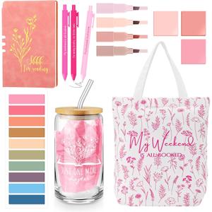 Havawish 14 Pcs Book Lovers Gifts for Women 16 oz Glass Cup Tote Bag A6 Journal Notebook Ballpoint Pens Highlighters Sticky Notes for Library Reader Bookworm Book Club(Flesh Pink,Aesthetic)