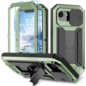 Compatible with iPhone 16E Metal Heavy Duty Case with Screen Slide Camera Cover Protector Kickstand Rugged Military Grade Drop Protection Aluminium Full Cover for Man Woman (Green)