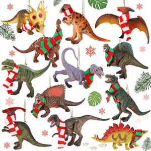 Jenaai 12 Pieces Christmas Dinosaur Ornaments 3D Dinosaur Hanging Ornament Christmas Tree Decor with Scarf Pendant for Birthday Party Favors(Stylish Style)