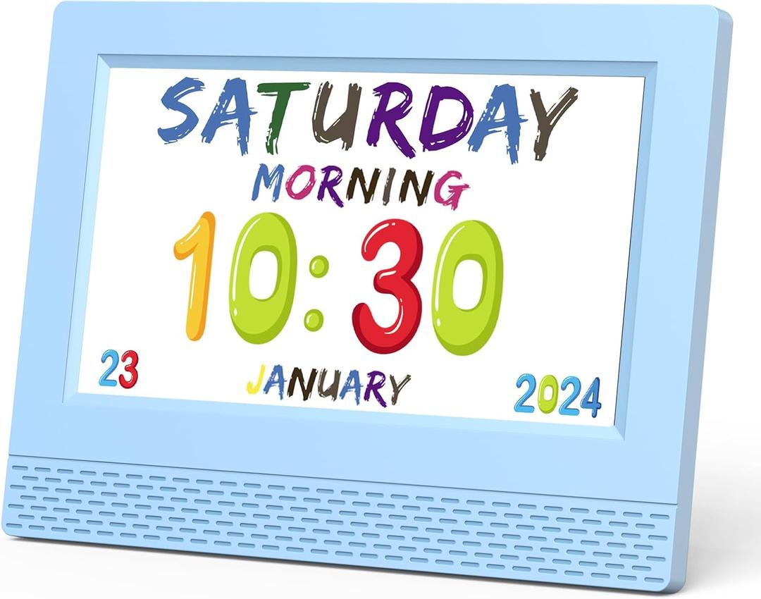 Kids Digital Alarm Clock Colorful, 7" Large LED Time Display Children's Sleep Trainer, Eye-Caring Digital Clock for Girls Boys Bedrooms Bedside, 17 Alarm Clock Settings Easy to Use Kids Birthday Gift (Blue)