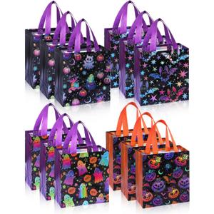 Liobelon 12 PCS Halloween Treat Bags Colorful Non-Woven Candy Tote Bag Reusable Party Gift Bags for Gifts Wrapping, Trick or Treat, Halloween Party Supplies, 9" X 8.7" X 4.3"