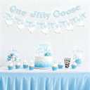 3 x 3 Set One Silly Goose Banner, One Silly Goose Birthday Decorations Boy Baby Shower themed for Goose Party Decor Supplies (Blue)