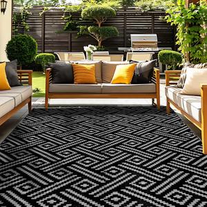 OPPODREAM Outdoor Rug 8x10 Patio Waterproof, Large Outdoor Plastic Straw Rug, Reversible Out Door Carpet for Camping, Deck, Rv, 8 x 10 Area Carpet for Balcony, Porch, Backyard, Black and Grey