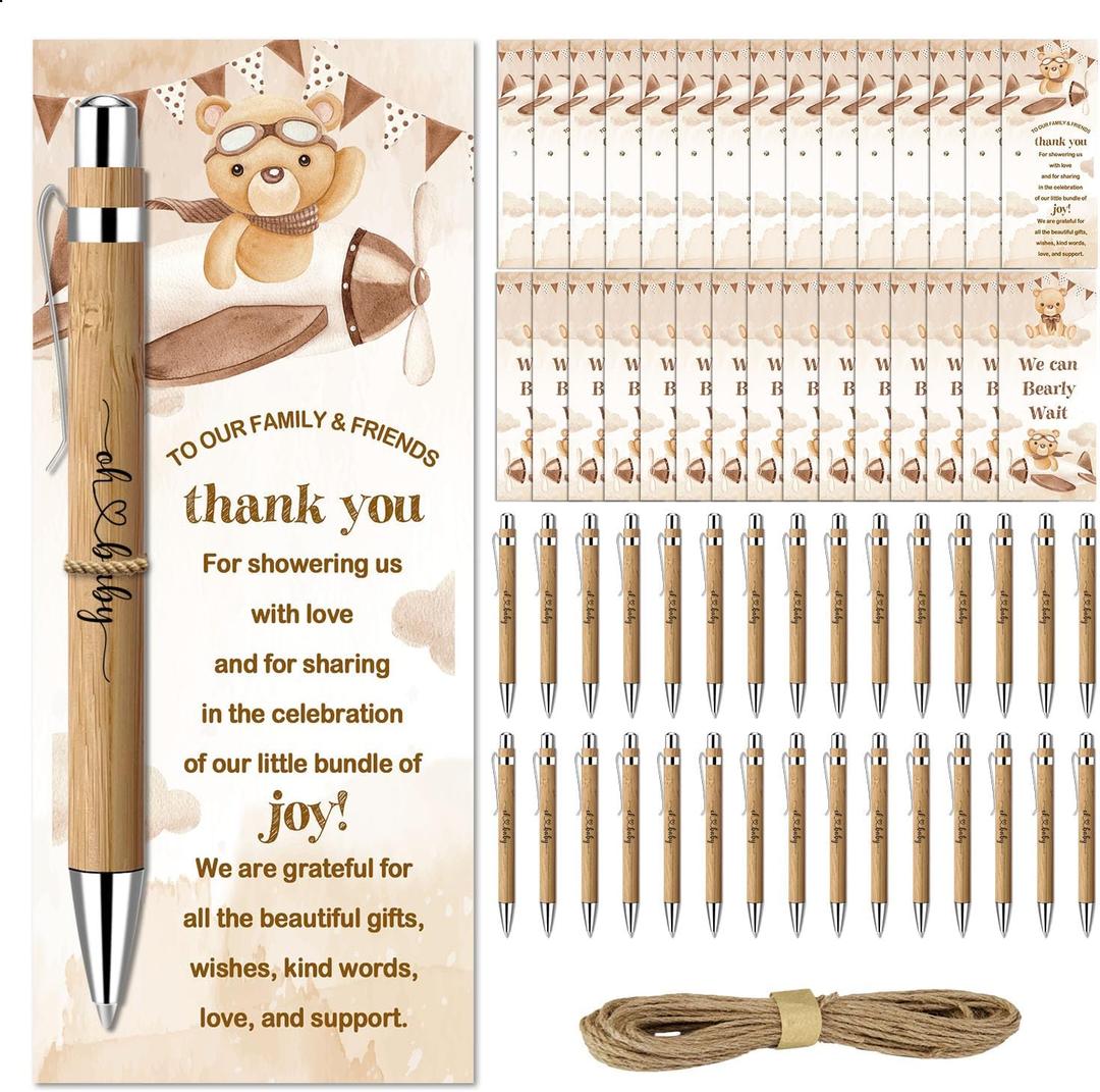 Toerifer Baby Shower Favors for 30 Guests, Baby Shower Set Gift Included 30 Pcs Bamboo Pens 30 Pcs Greeting Cards, Gender Reveal Souvenirs Prizes, Brown Bear We Can Bearly Wait Decor